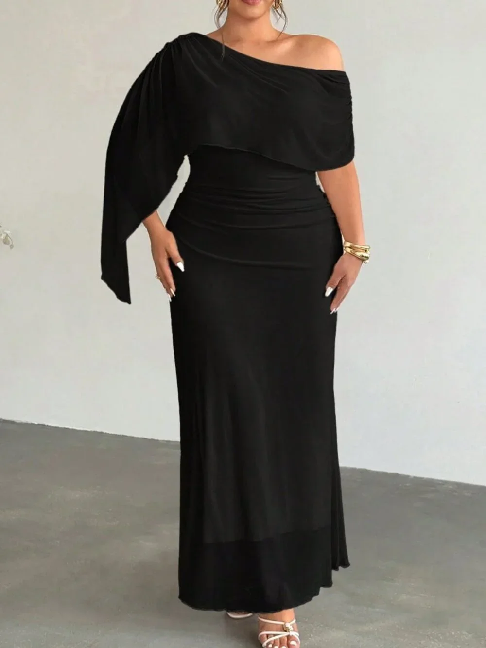 Black Elegant Women's Slim Fit Ruched Asymmetric High Waisted Long Pencil Dress